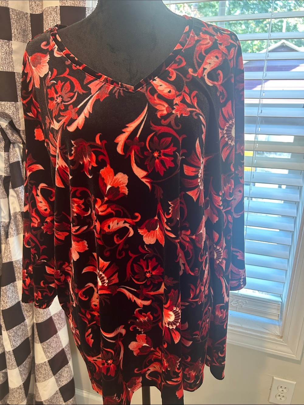 Black Tunic Top with Red Floral Swirl Print